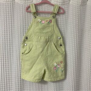 Disney Kids Light Green Gingham Kids Overalls with Floral Embroidery